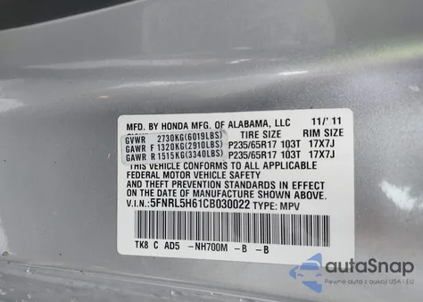 2012 Honda Odyssey Ex-L from USA, damaged, VIN 5FNRL5H61CB030022